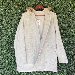 J. Crew Light Gray Coat with Faux Fur Hood